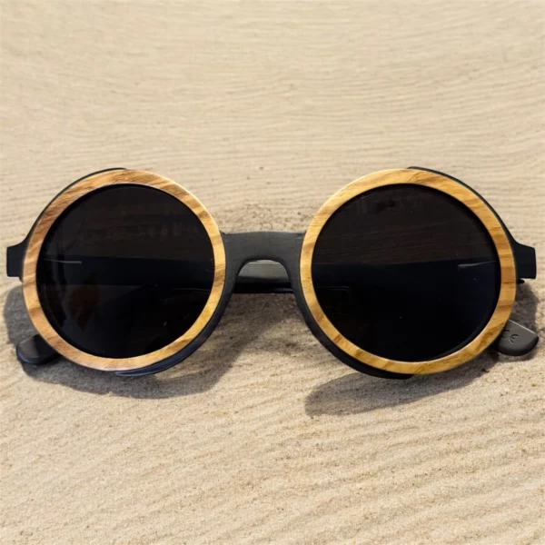Lunettes de Soleil Rondes en Bois de Zèbre – Monture Bicolore Artisanale – Style Minimaliste & Design Organique – Fait Main, Ultra Légères2 Lunettes de Solei Ultra Légères