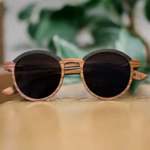 Lunettes de Soleil en Bois Bicolore – Monture Ronde Demi-Cerclée Artisanale – Design Rétro Chic & Minimaliste – Fait Main, Ultra Légères2 Lunettes de Soleil en Bois Ultra Légères